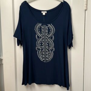 Westport Cold Should Embellish Navy Blue Short Sleeve Top L NWT